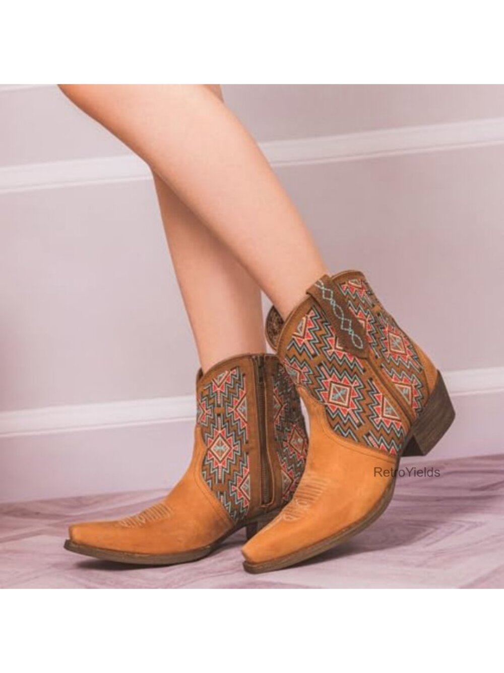 Genuine Leather Western Ankle Boots Low Chunky Heel Pointed Toe